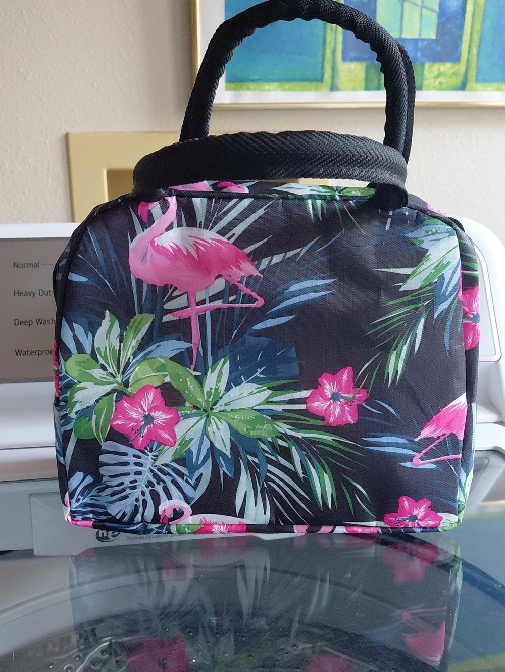 Tropical Flamingo Print Lunch Tote Bag - Black and Pink